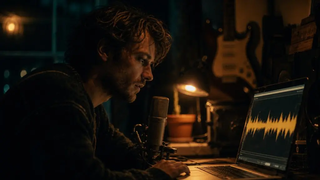 A musician finishing a song in a home studio at night