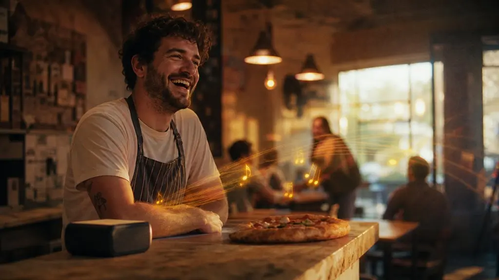 A pizza shop owner laughing as his jingle plays in the shop